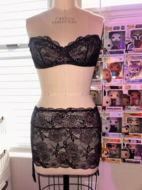 Savage X Fenty Black Lace Bandeau Bra and Lace Mini Skirt Set